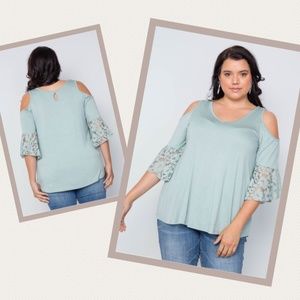 Light Green Cold Shoulder Swing Top Plus Size 2X
